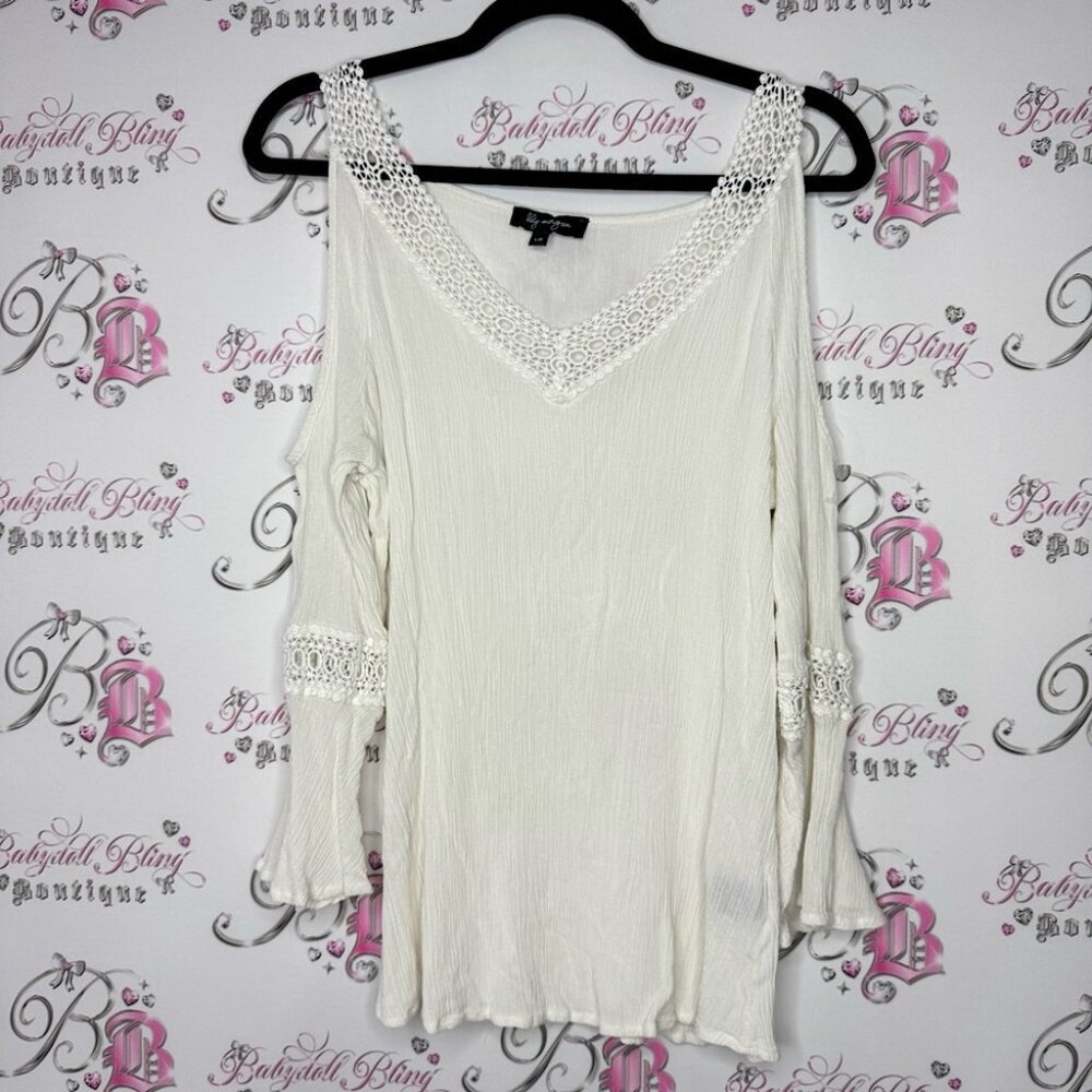 Lily Morgan top open cold shoulder crochet white stretchy boho long sleeve